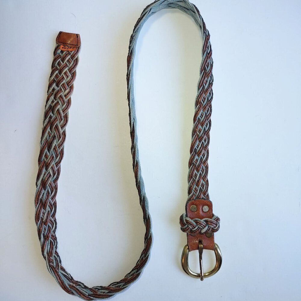 Vintage LEVI'S Hand Braided Leather & Denim Belt Orange Tab Brass Buckle Sz 32 - Picture 2 of 13